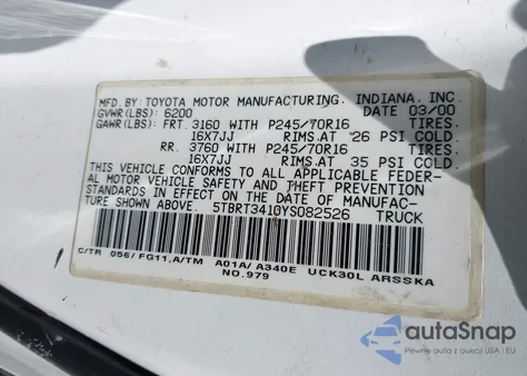 2000 Toyota Tundra Sr5 V8 из США, поврежденный, VIN 5TBRT3410YS082526